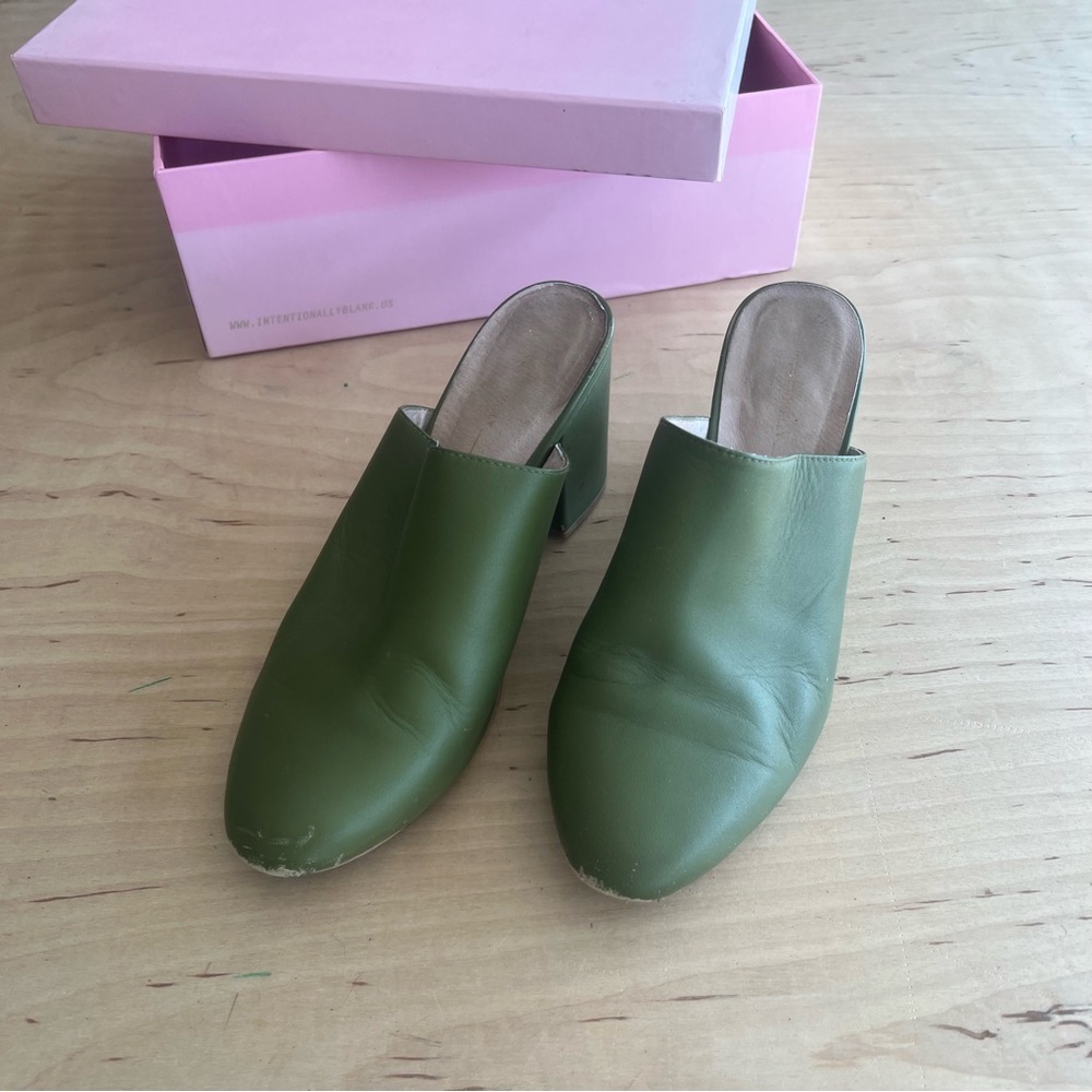 Intentionally Blank Green Heeled Mules